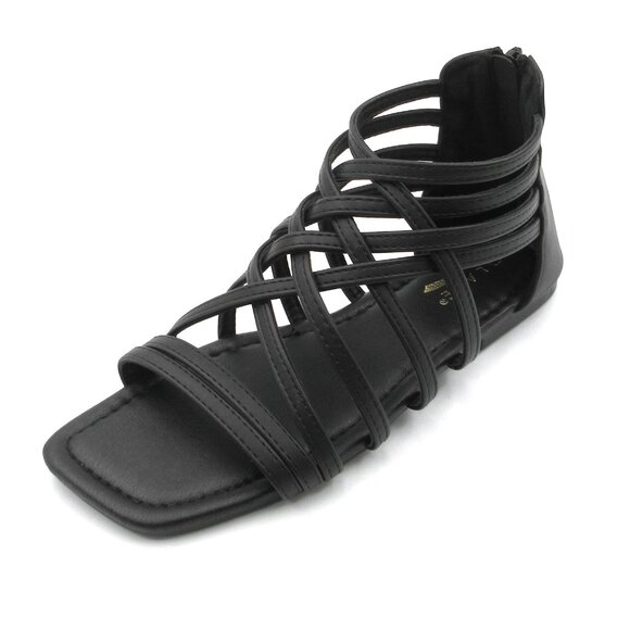 Women's Roman Gladiator Muliti Straped Back Zip Design Flat Heel Sandals Black - Picture 6 of 6